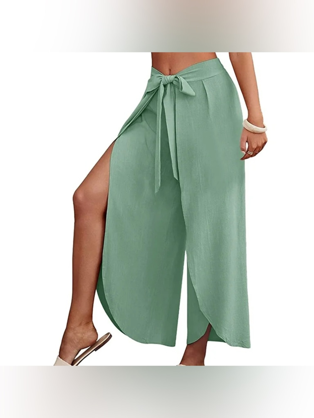 Hem & Thread Sage Green Tie-Front Split Wide-Leg Pants Nwt